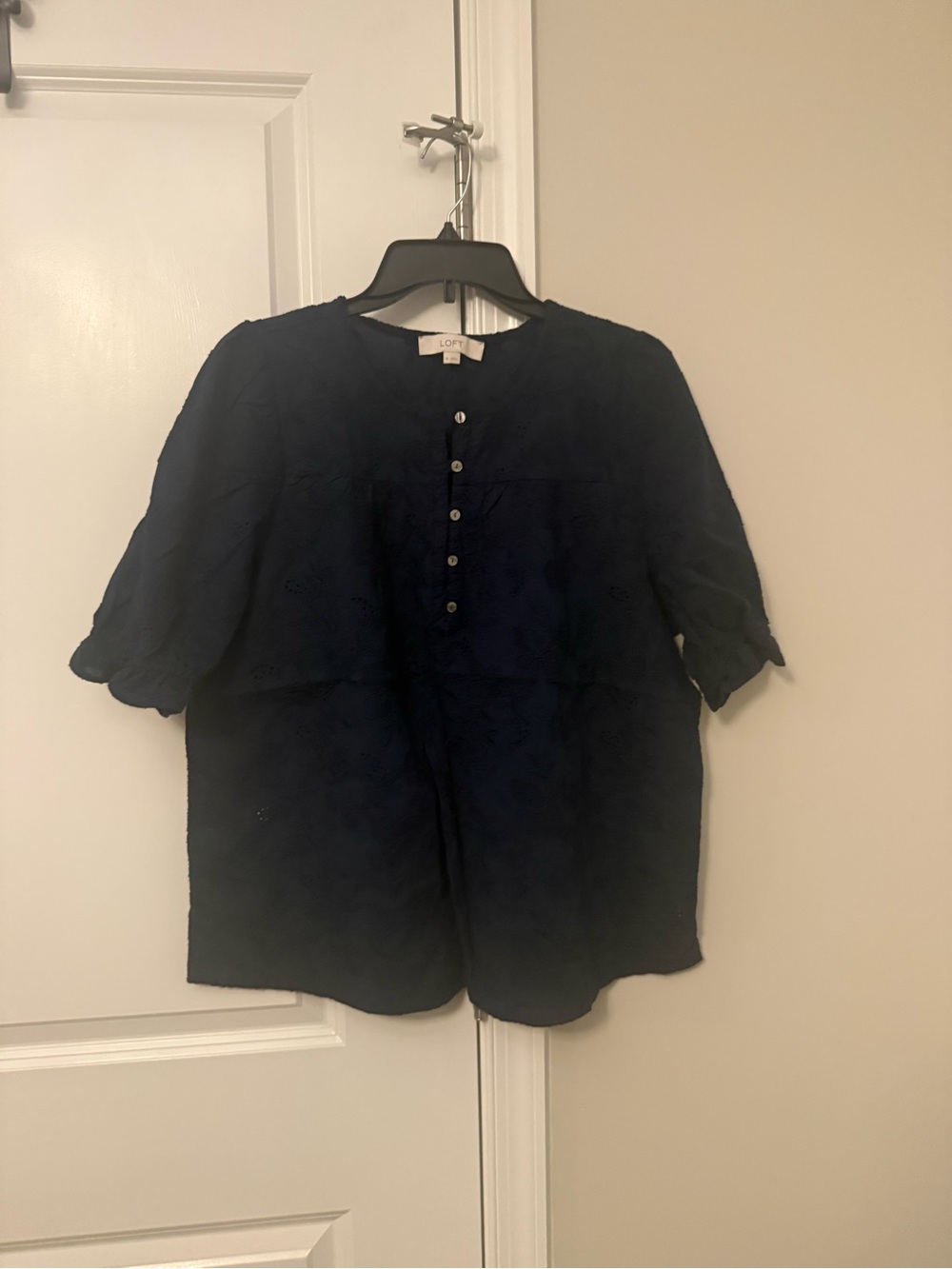 LOFT Navy Eyelet Button-Front Henley Shirt